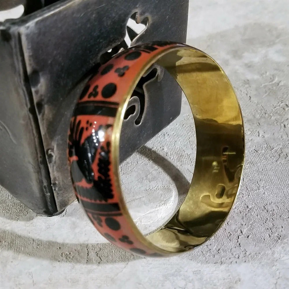 Brass India Bangle Bracelet Black Orange Red Peace Dove Olive Branch - Picture 3 of 6
